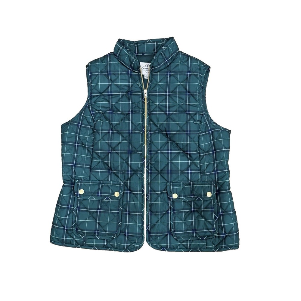St. John's Bay Women's Large Green Navy Plaid Quilted Vest Gold Zip Preppy